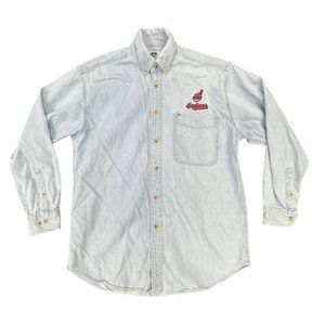 90s LEE Cleveland Indians Denim Long Sleeve Shirt Sz Medium MLB